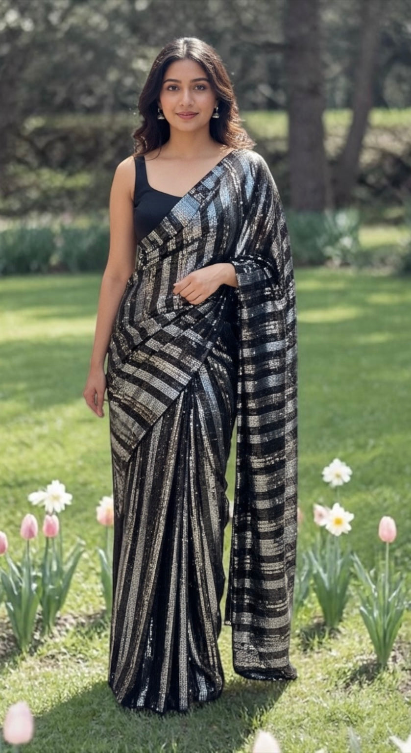 Black n silver sequins saree