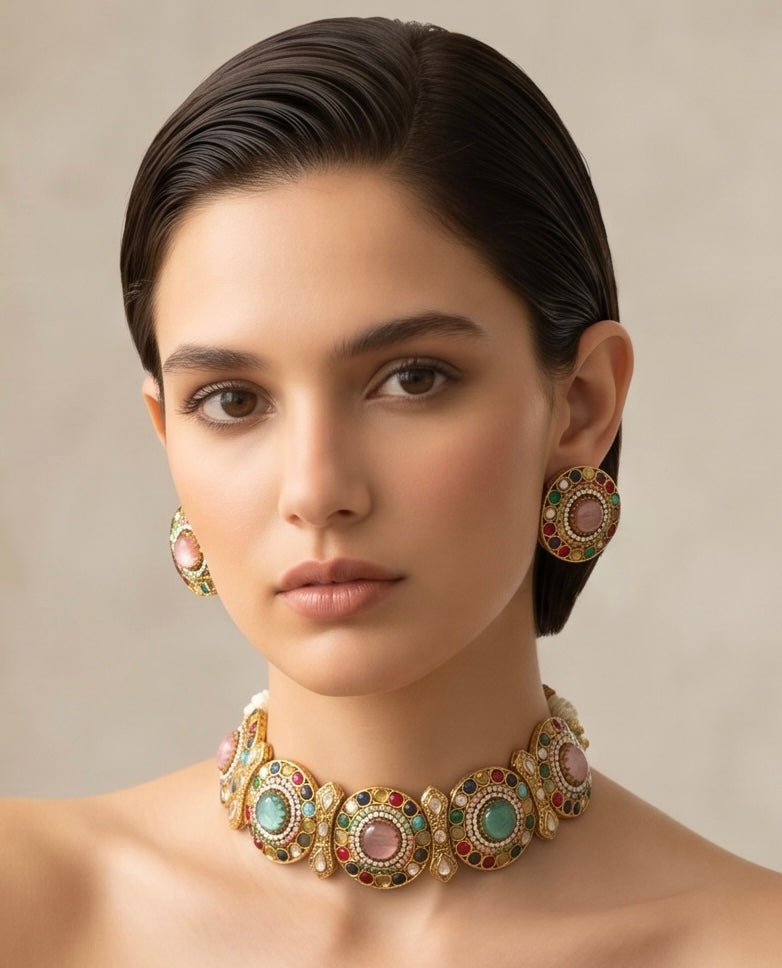 Multi-colored stone choker set