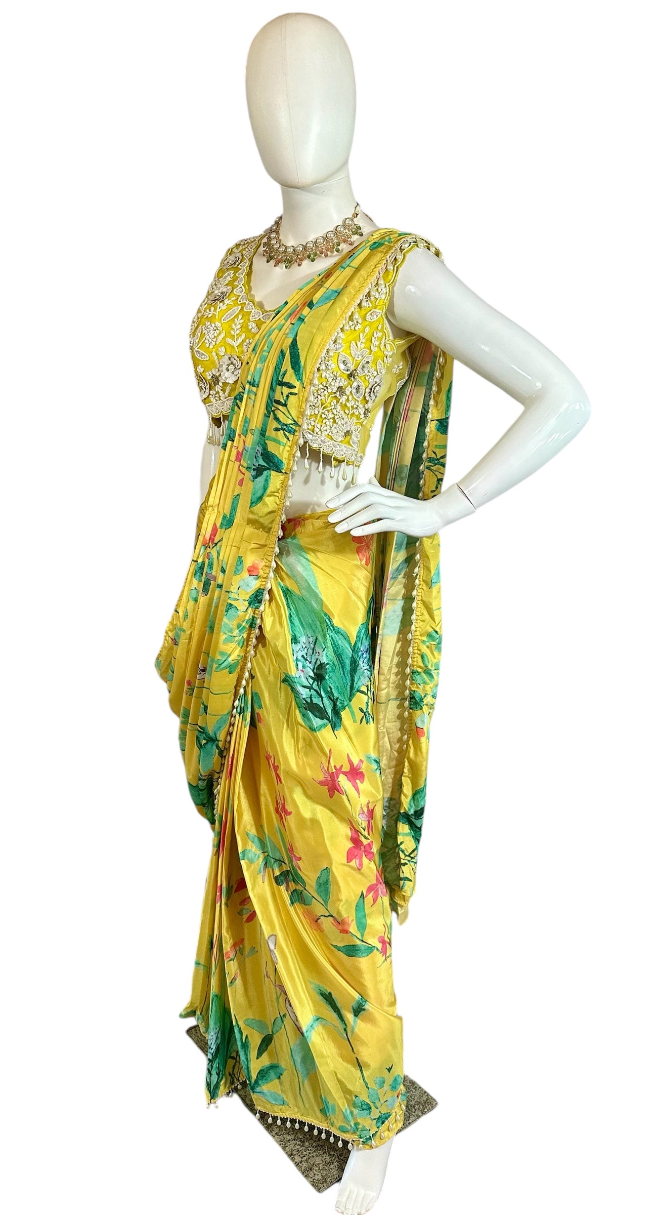 Yellow printed stitched saree