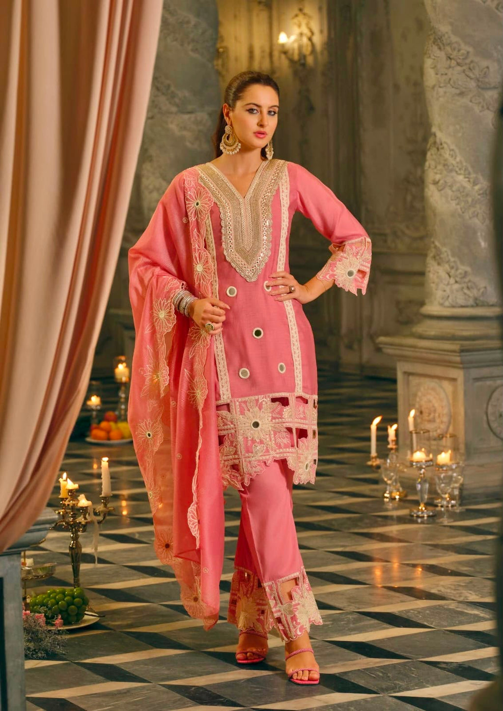 Peach mirror work suit