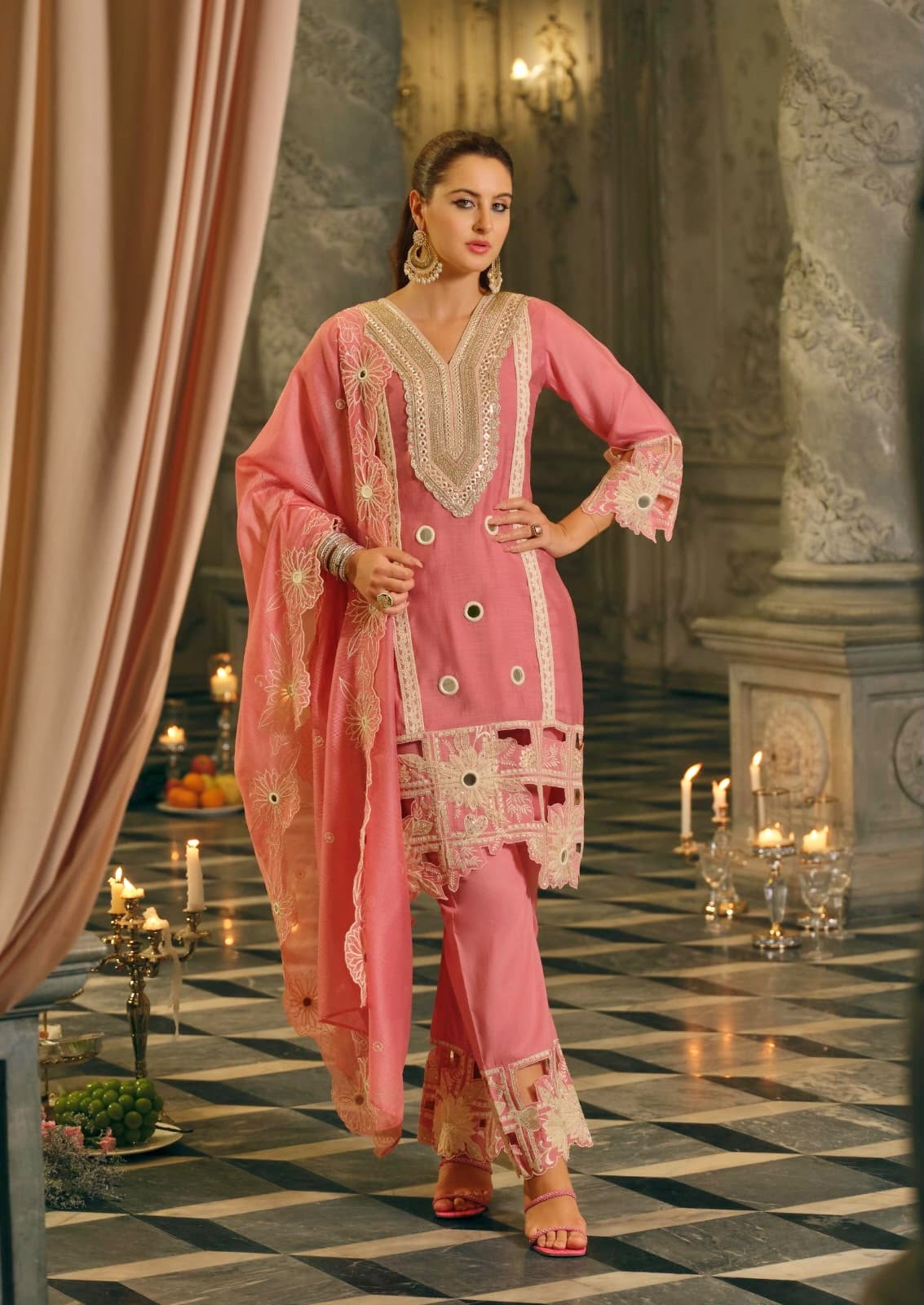Peach mirror work suit