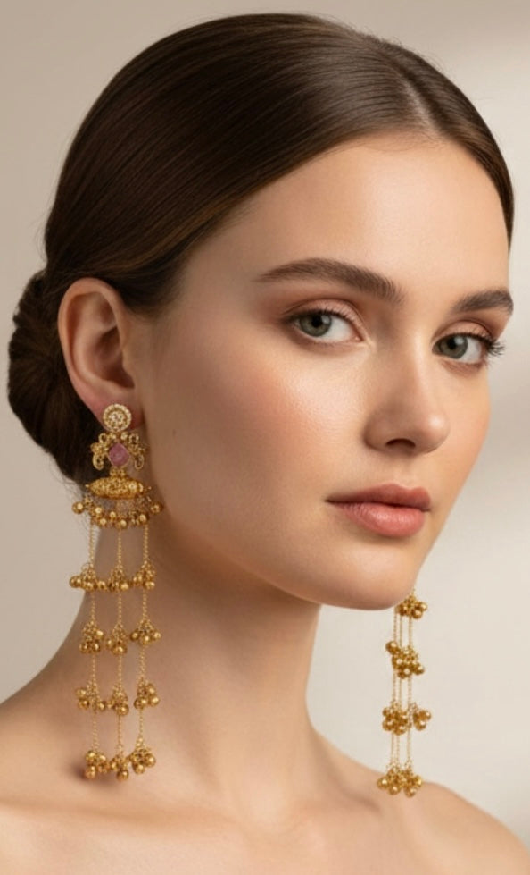Pink stone ghungroo earrings