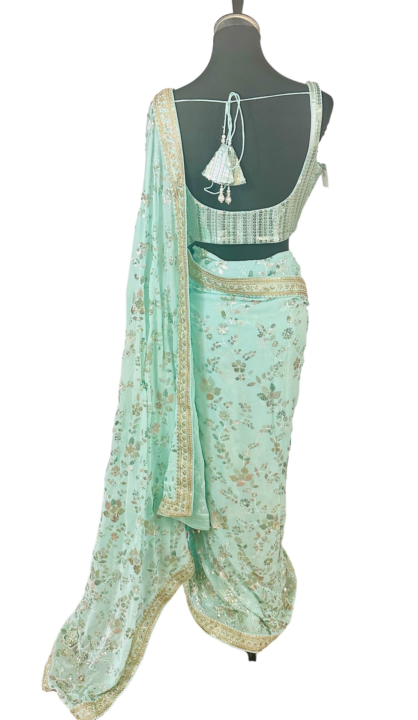 Bluish green sequins saree