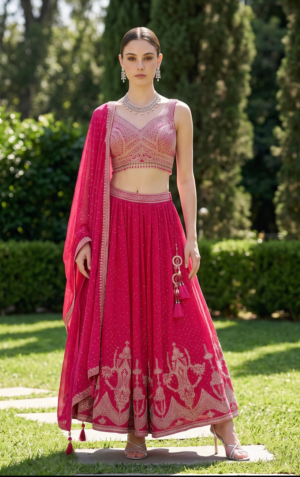 Red chinon lehenga