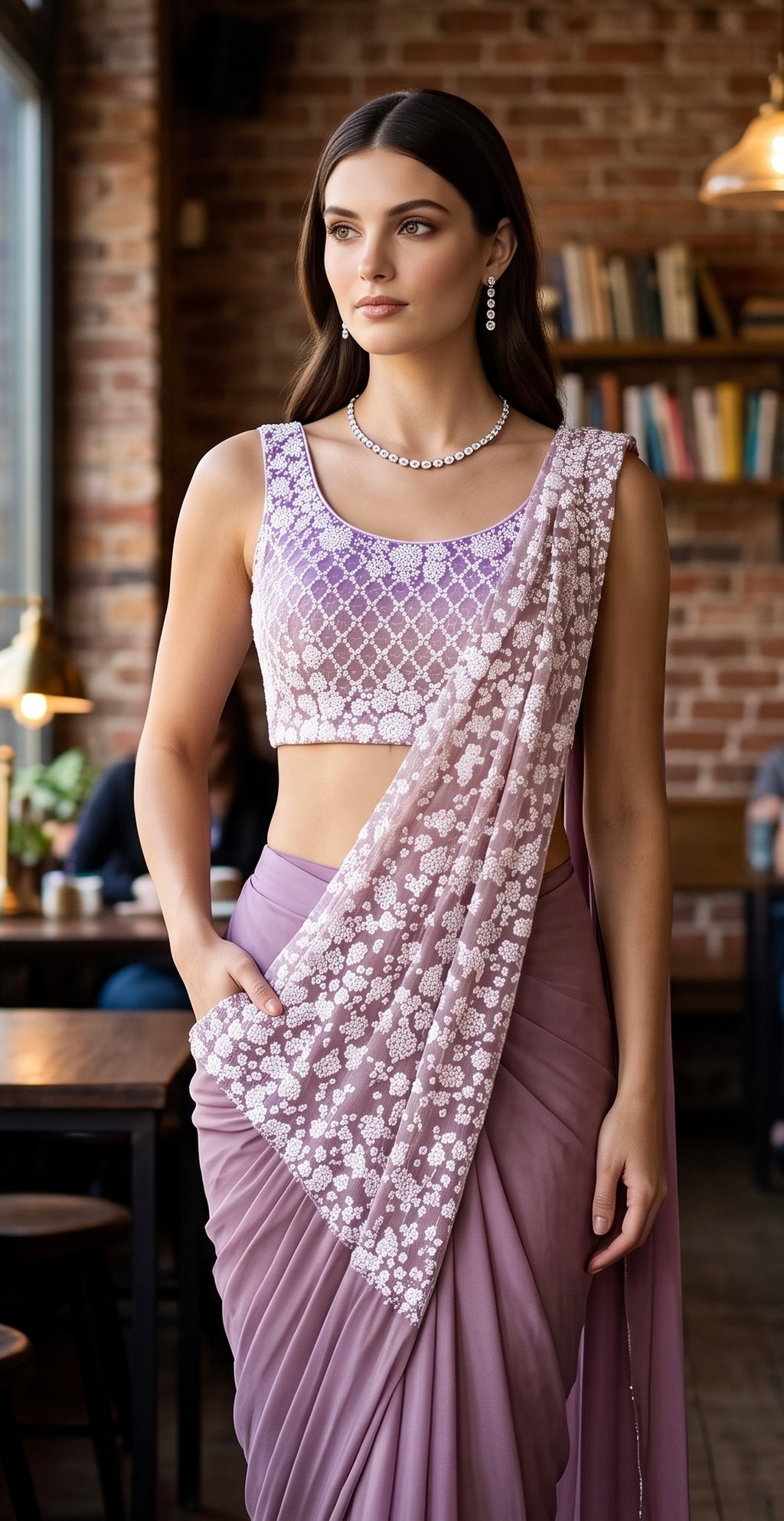 Lavender stitched saree