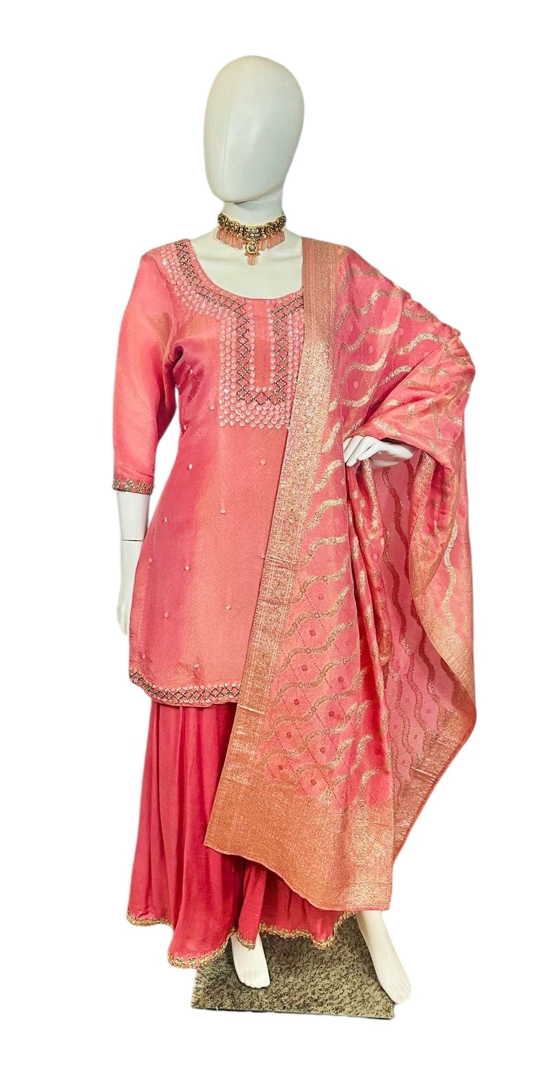 Peach tissue Sharara suit