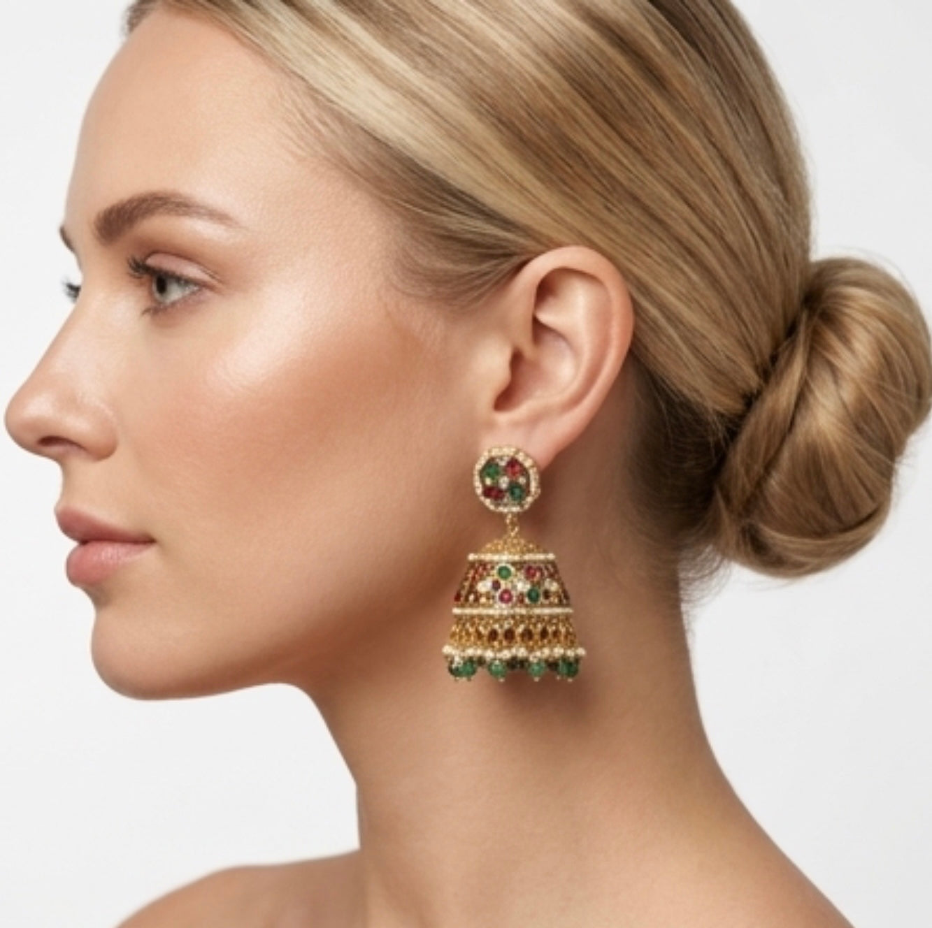 Ruby emerald gold finish jhumkaas