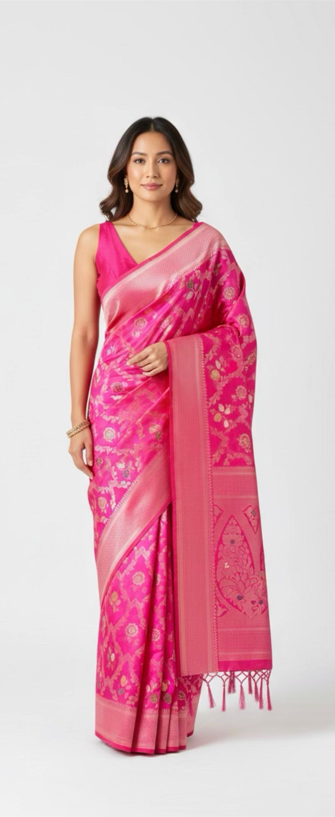 Hot pink silk saree