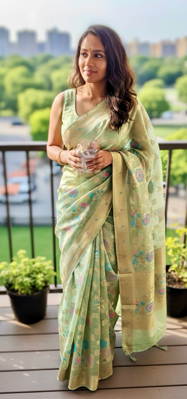 Sea-green chanderi silk saree