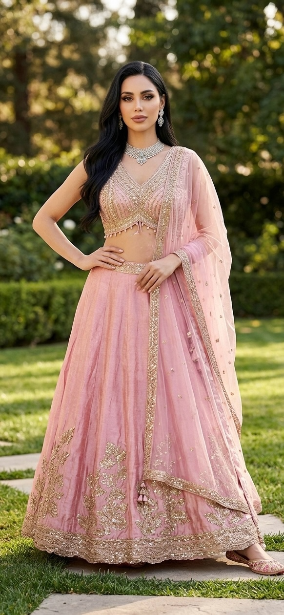 Pink shimmer tissue lehenga set
