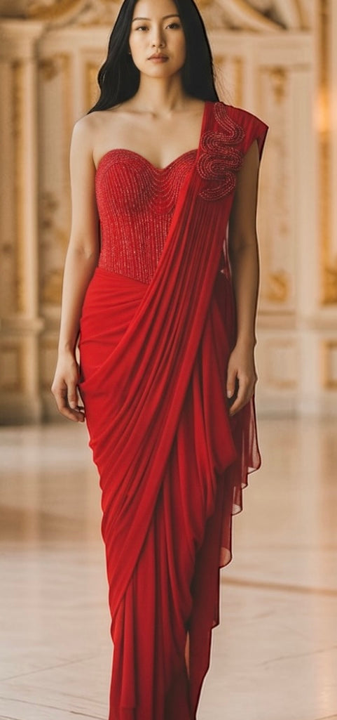 Red Lycra stitched saree