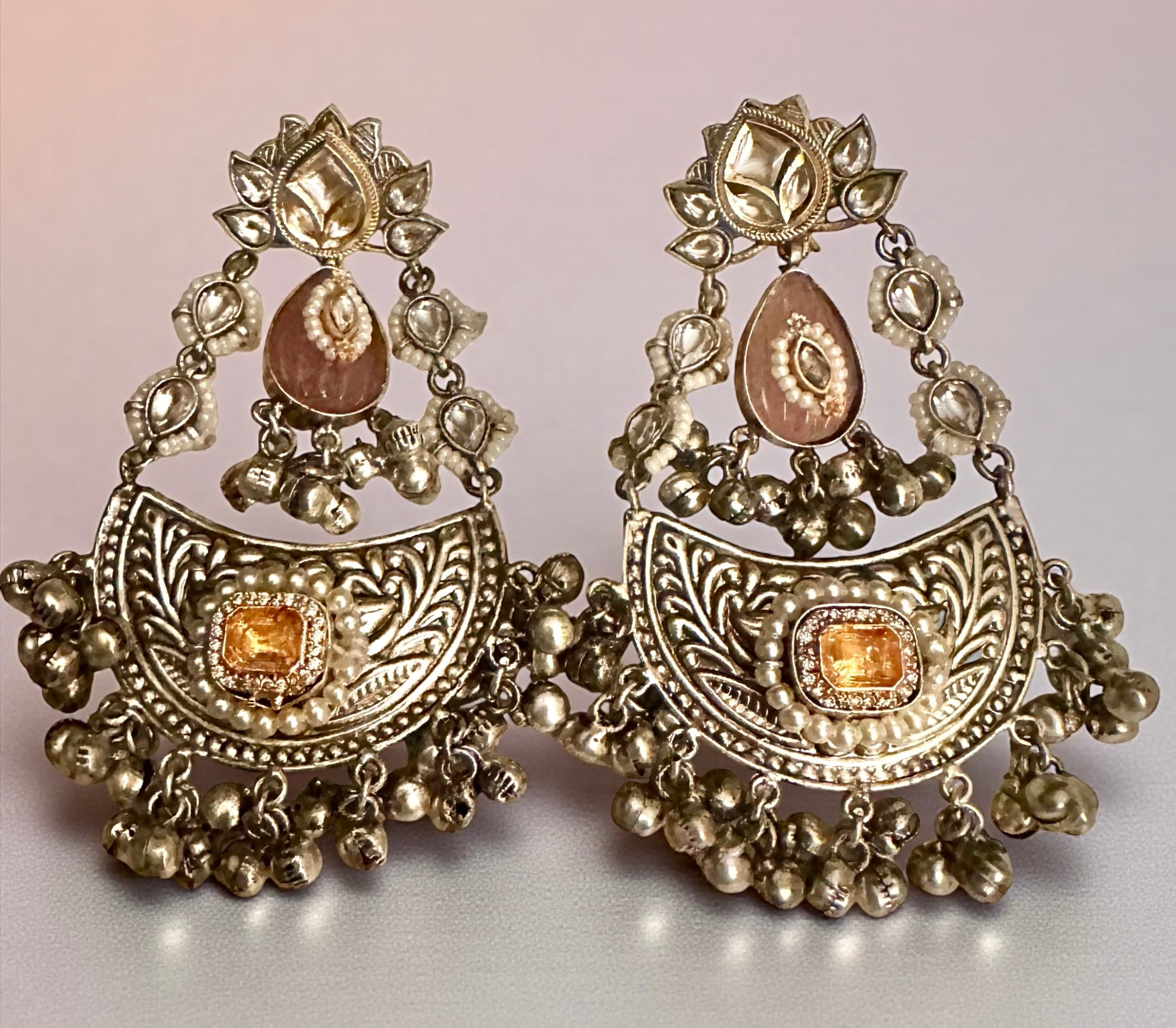 Pink stone oxidized earrings