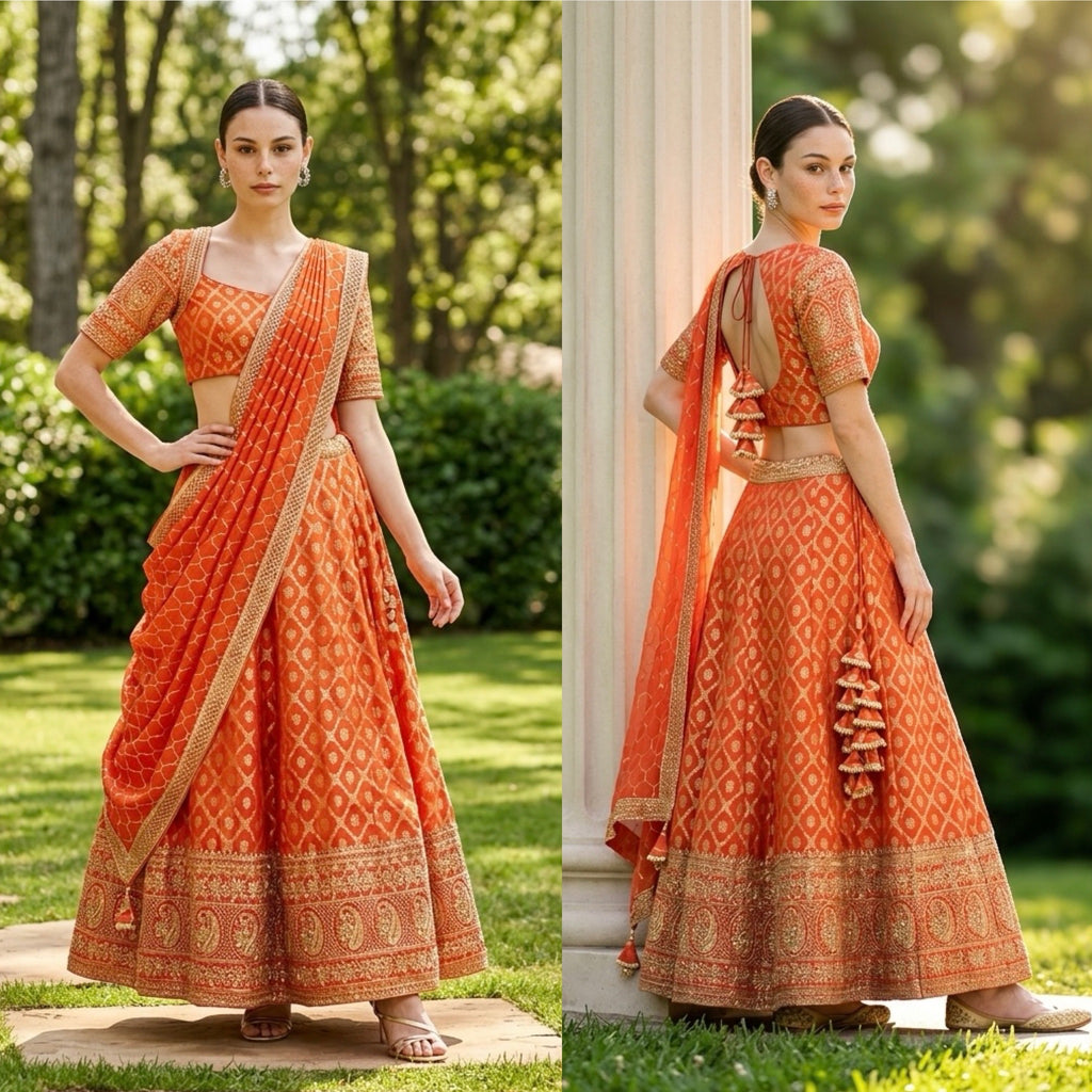 Orange benarasi silk lehenga set