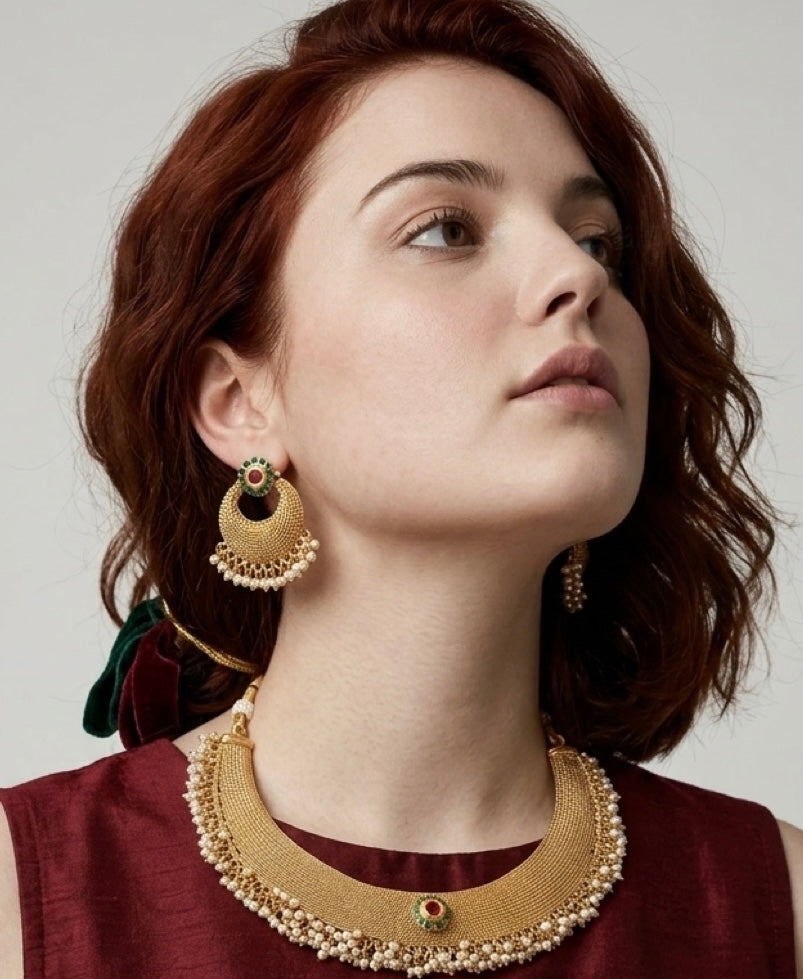 Ruby n green stone set in gold finish