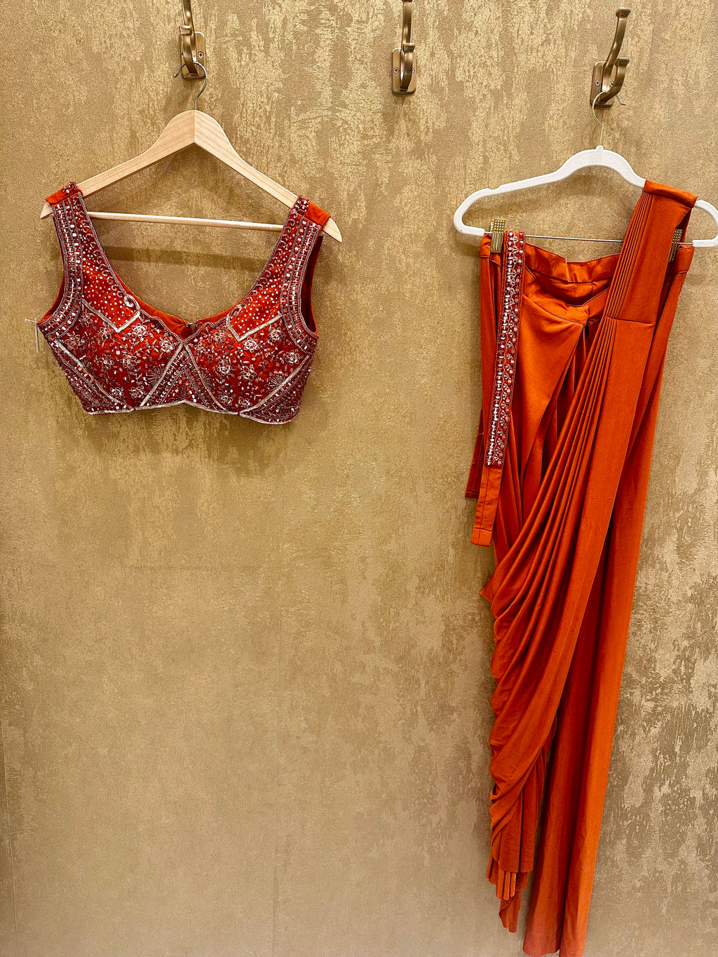Burnt orange stitched saree