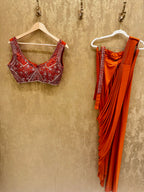 Burnt orange stitched saree