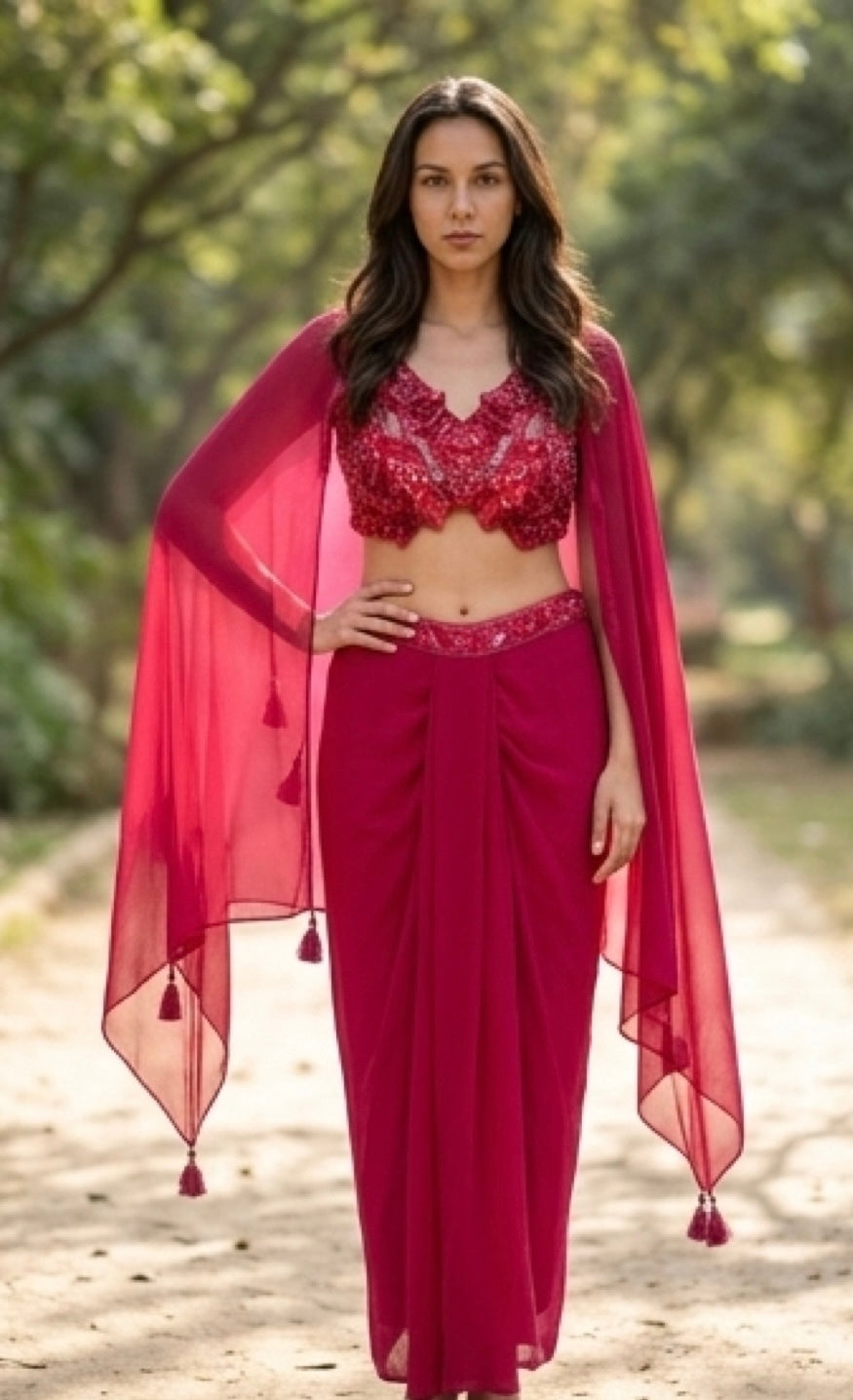 Maroonish red dhoti skirt set