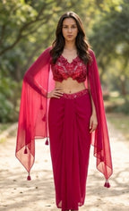 Maroonish red dhoti skirt set