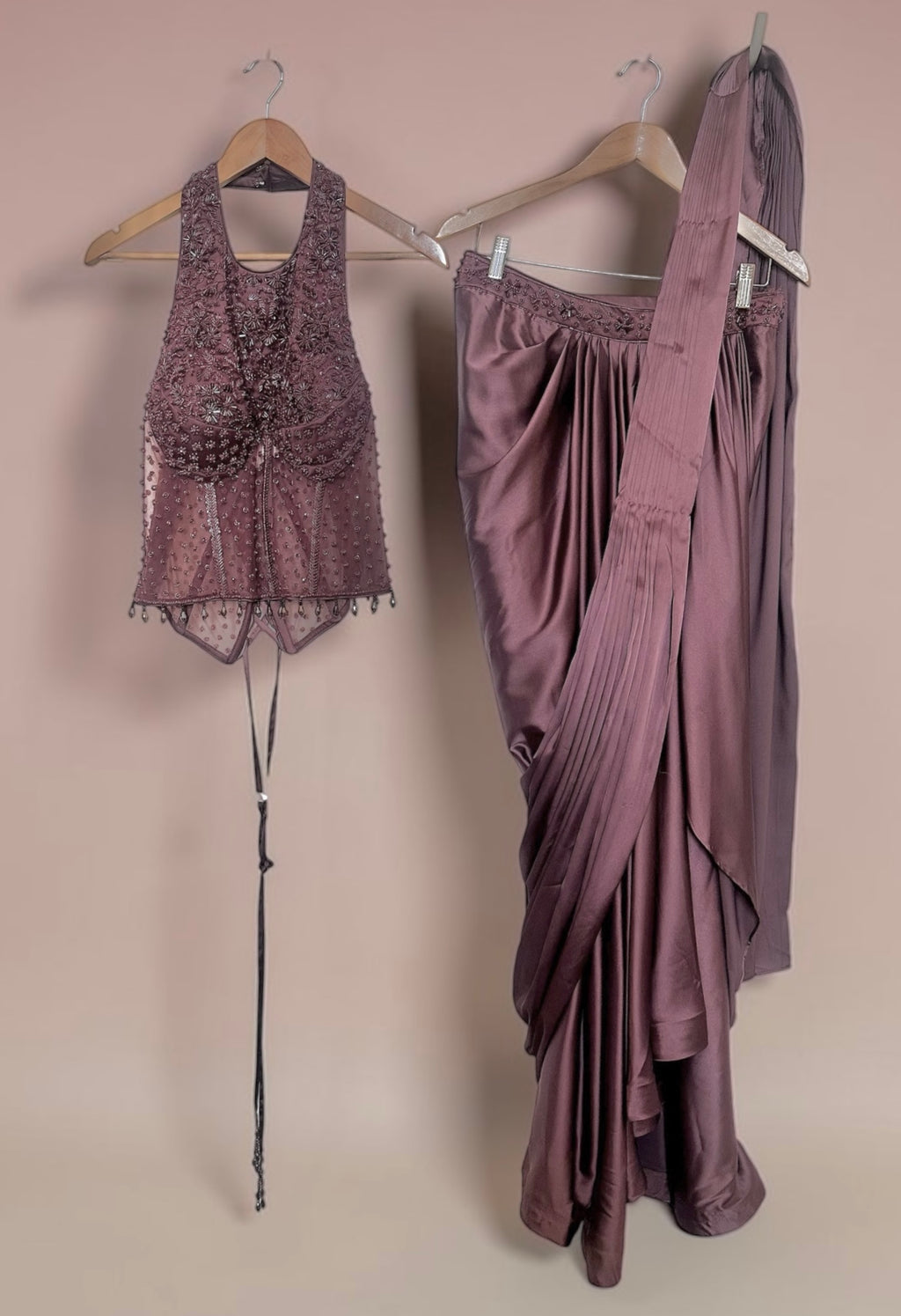 Plum color drape fusion saree