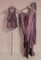 Plum color drape fusion saree