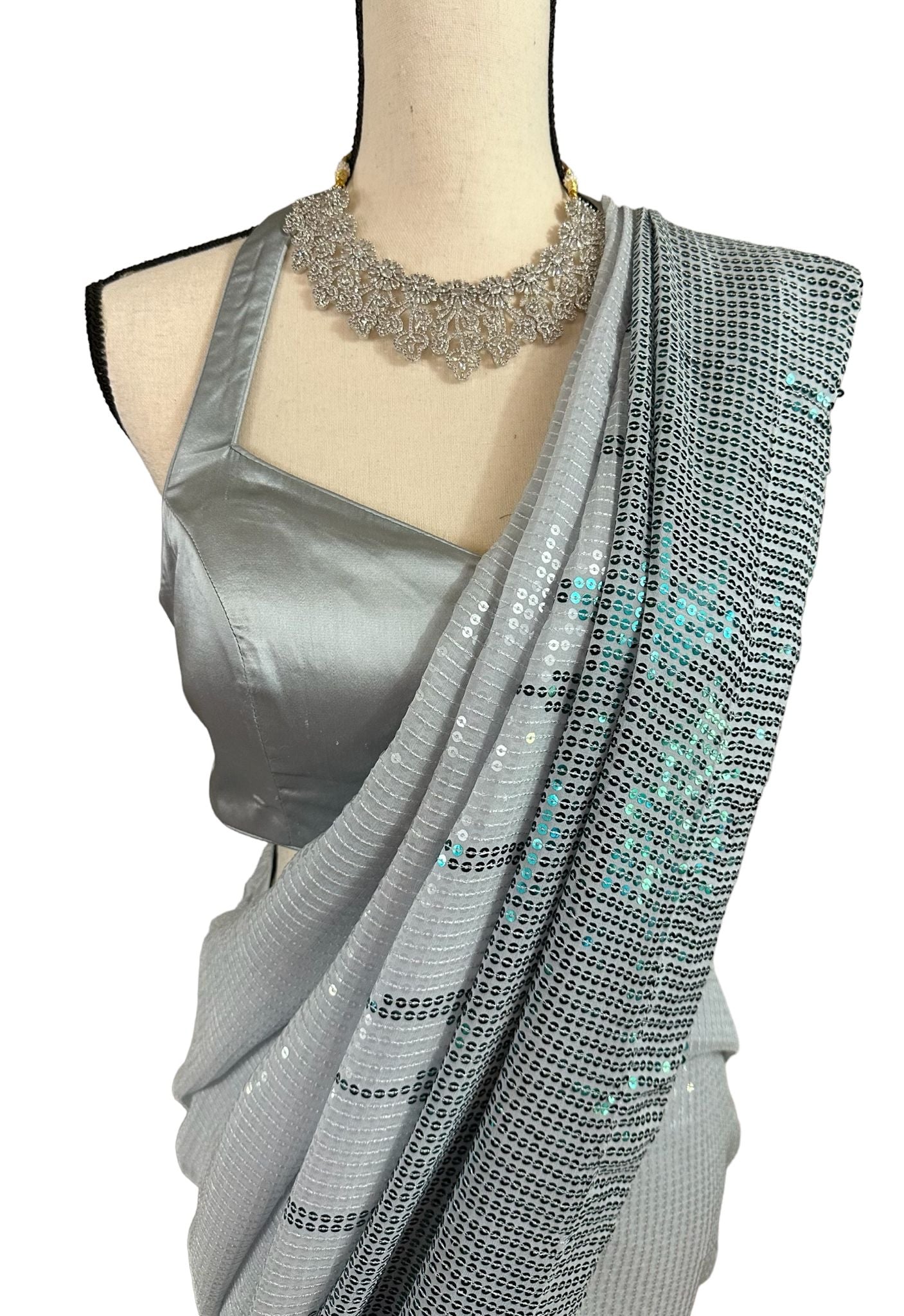 Silver grey sequins saree