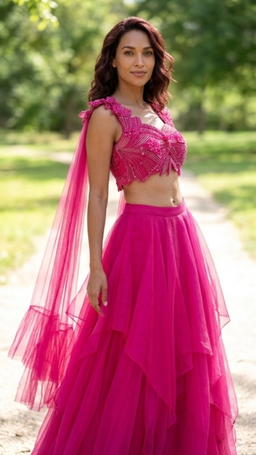 Hot pink fusion lehenga