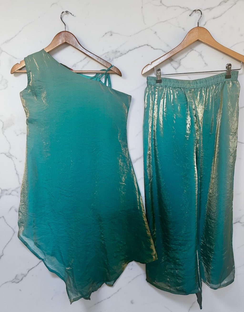 Teal colored one-shoulder set