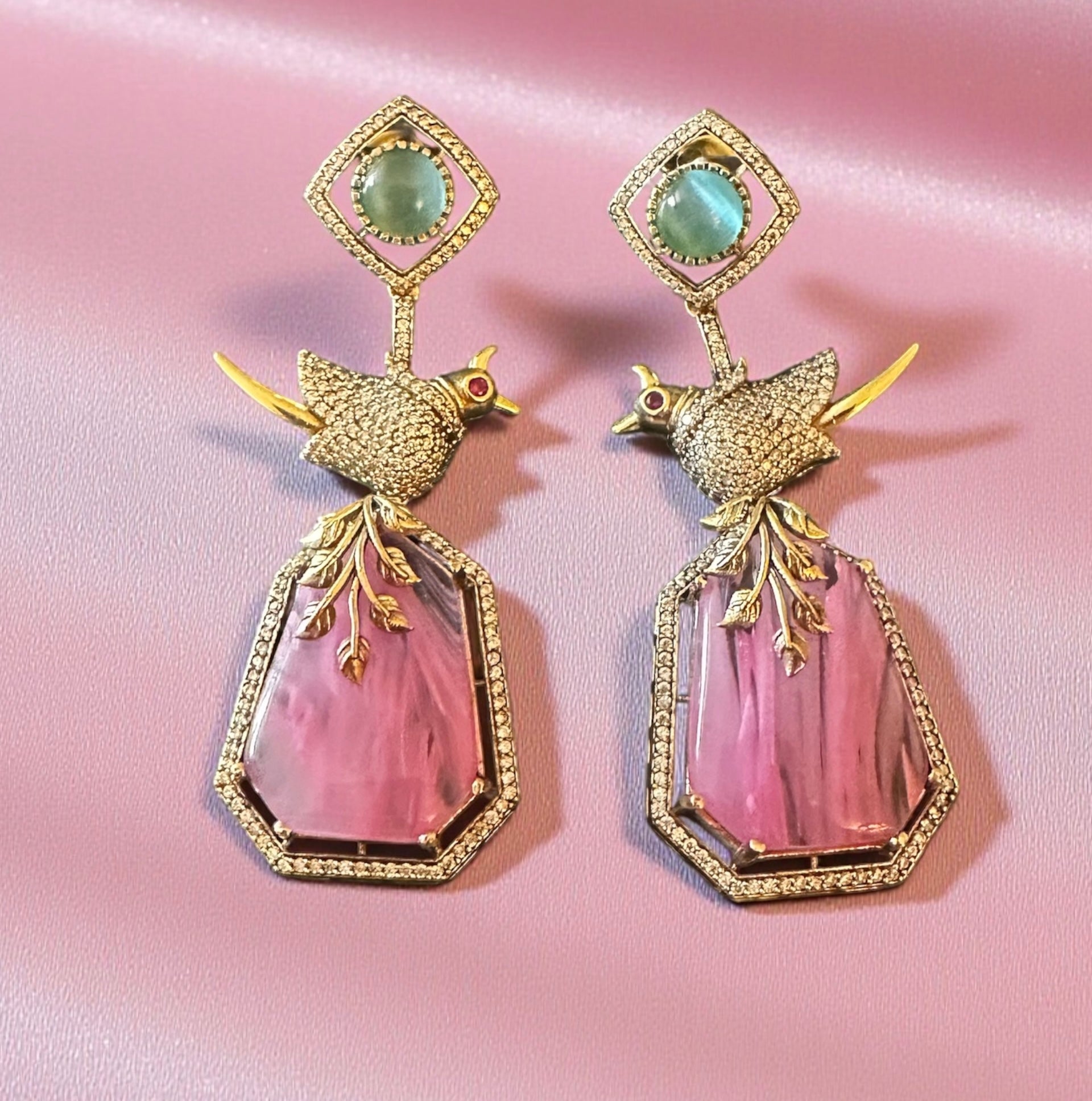Bird motif pink n blue stone earrings