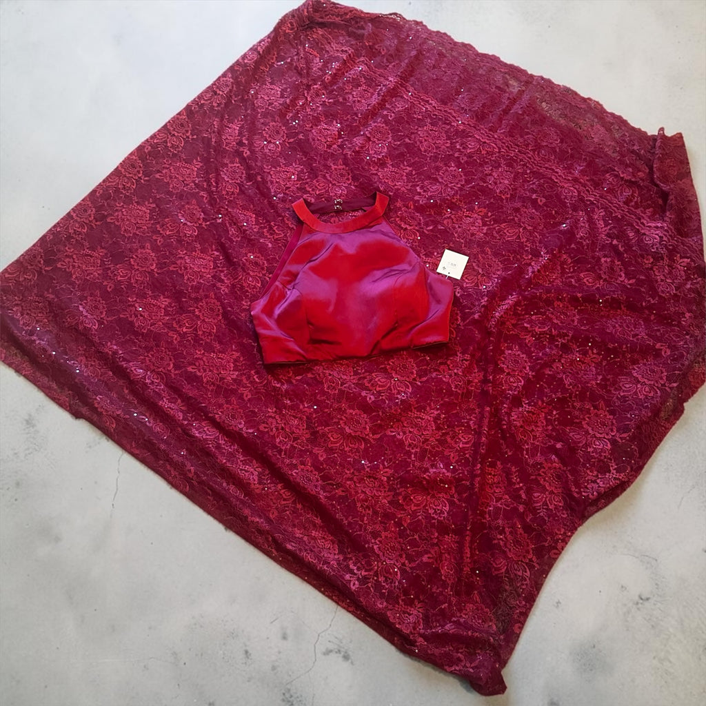 Deep red chantley lace saree