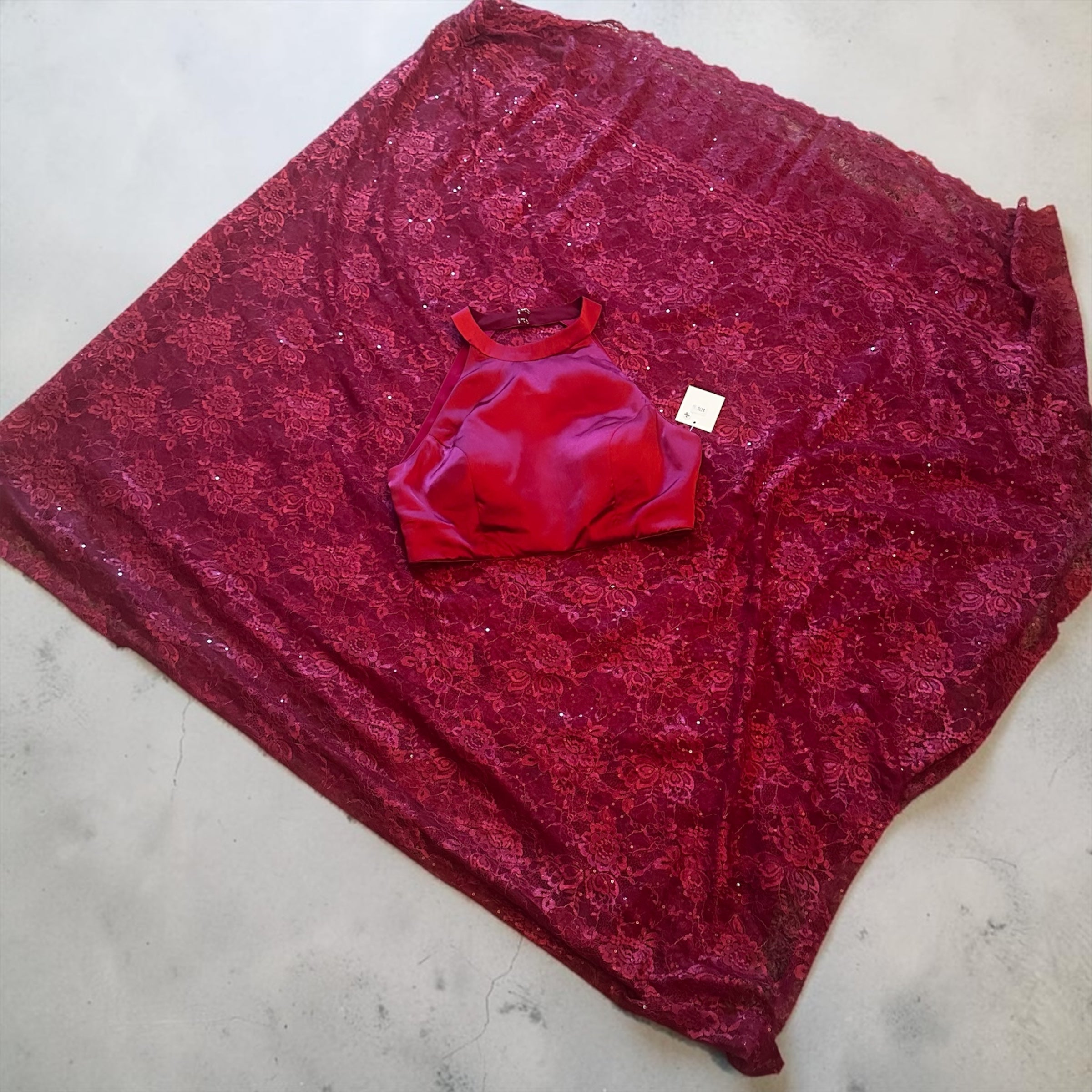 Deep red chantley lace saree