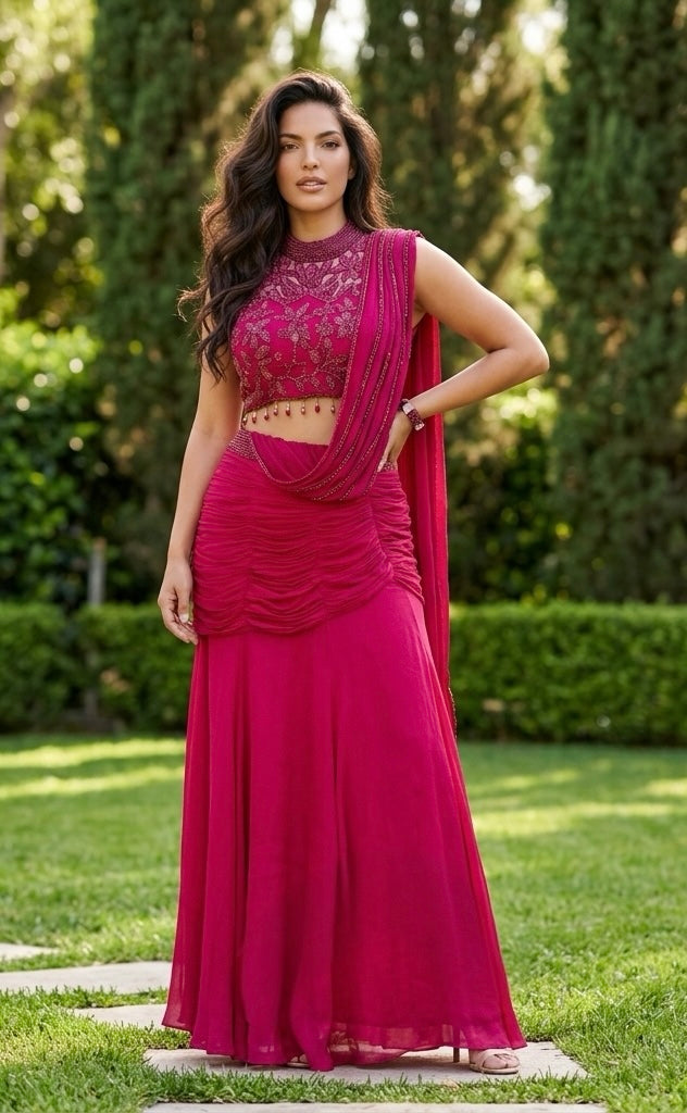 Red lehenga drape