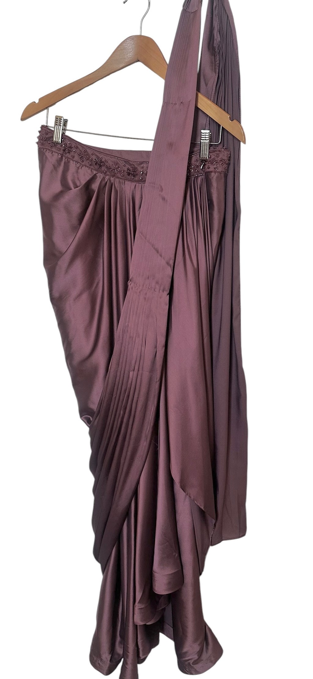 Plum color drape fusion saree