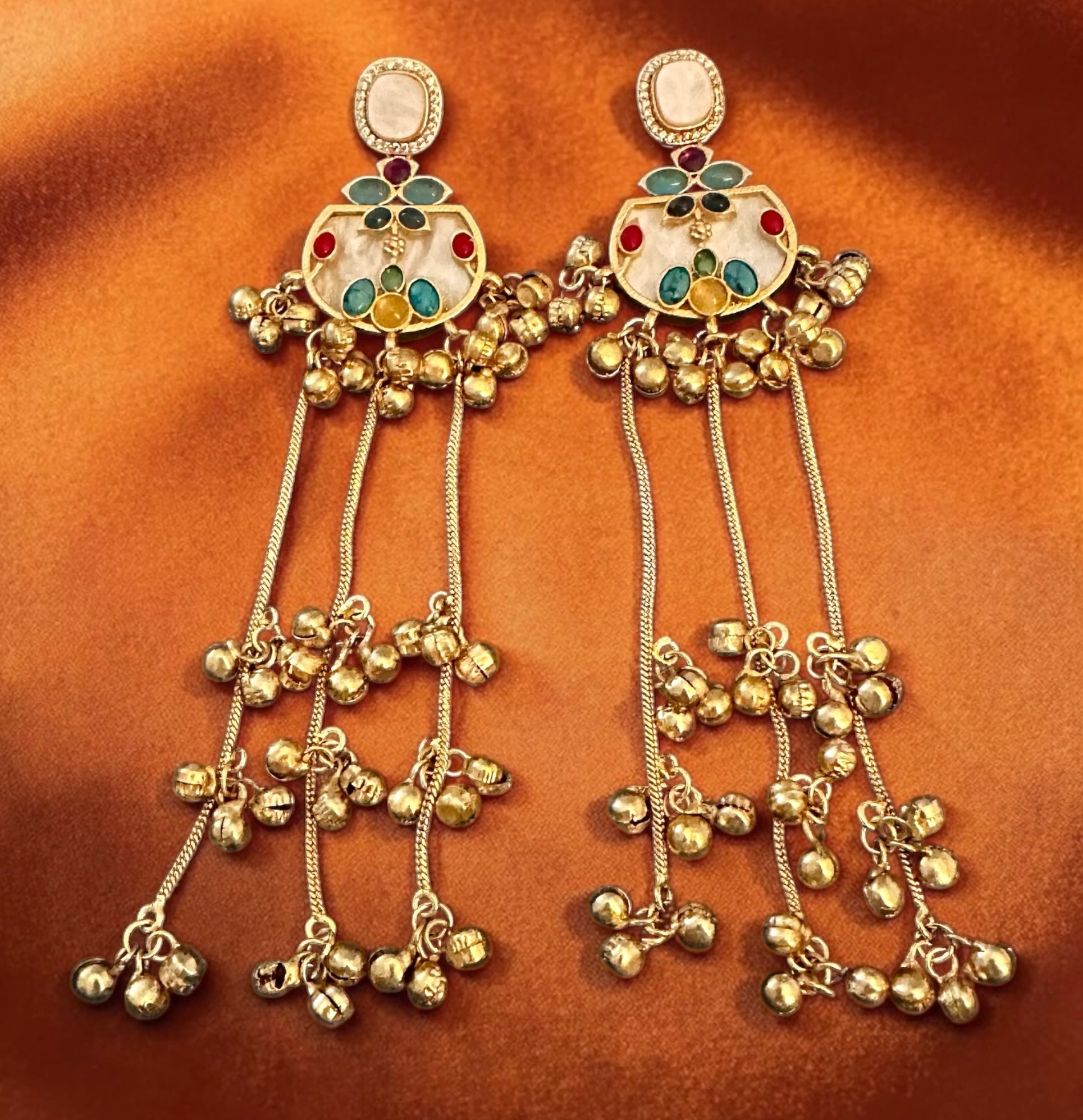 White base multi- stone ghungroo earrings