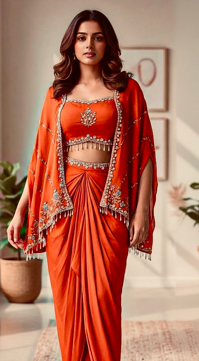 Orange dhoti skirt set