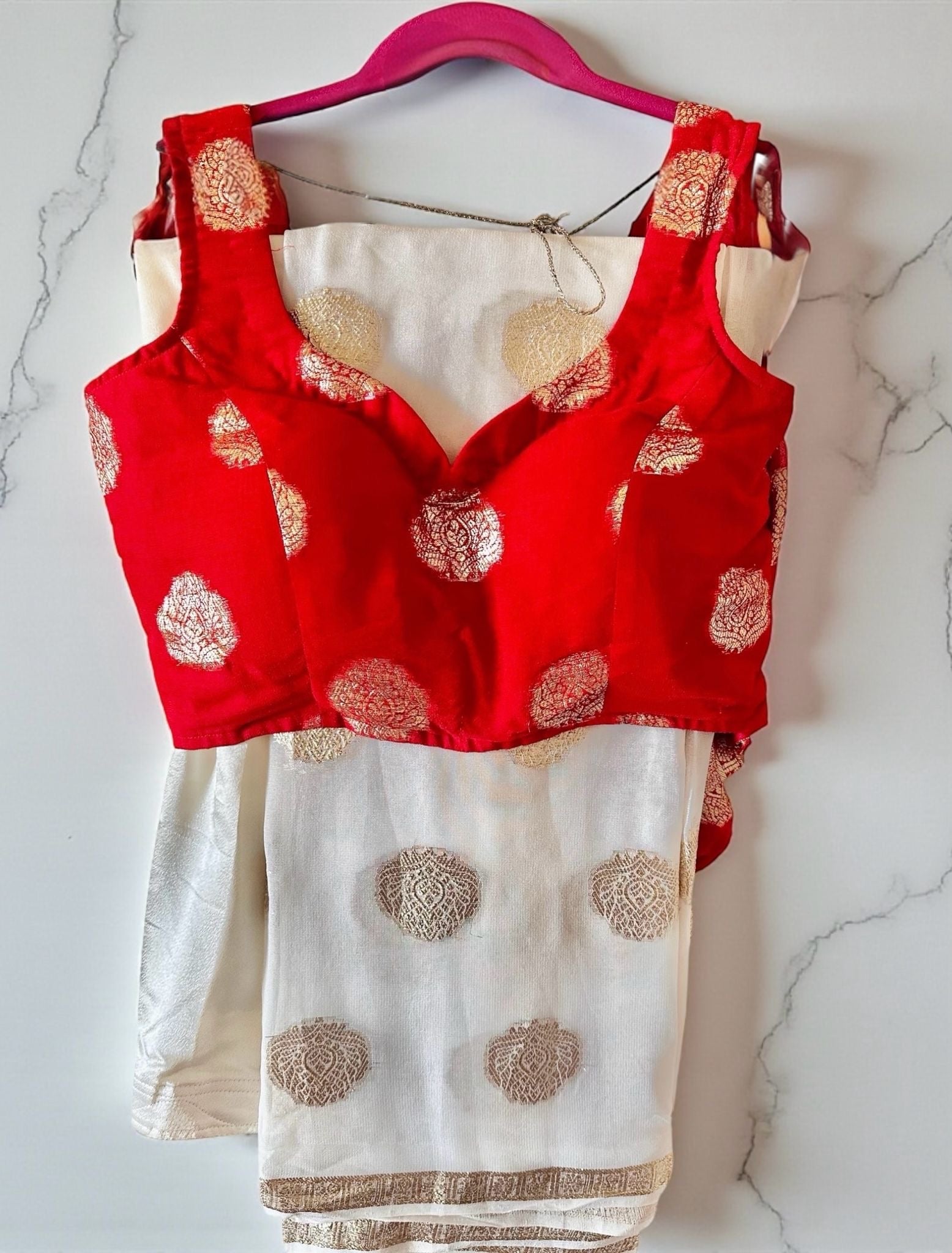 Red & white benarasi saree