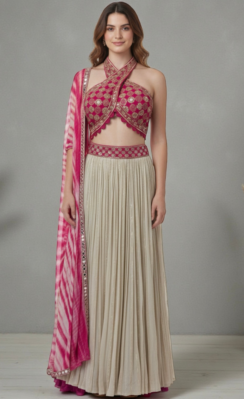 Hot pink/beige crinkled lehenga