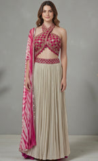 Hot pink/beige crinkled lehenga