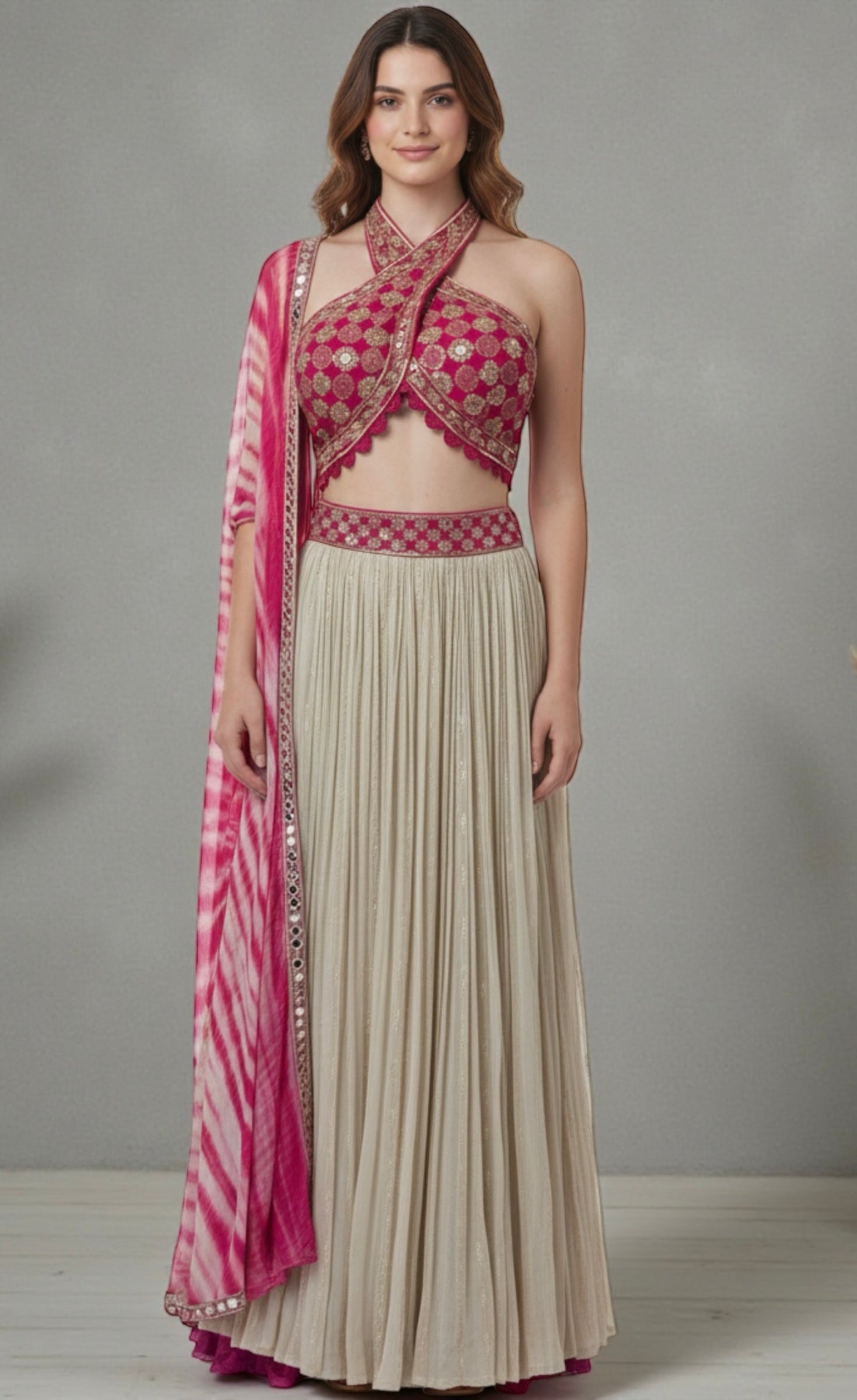 Hot pink/beige crinkled lehenga