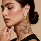 Pink n green stone gold finish earrings
