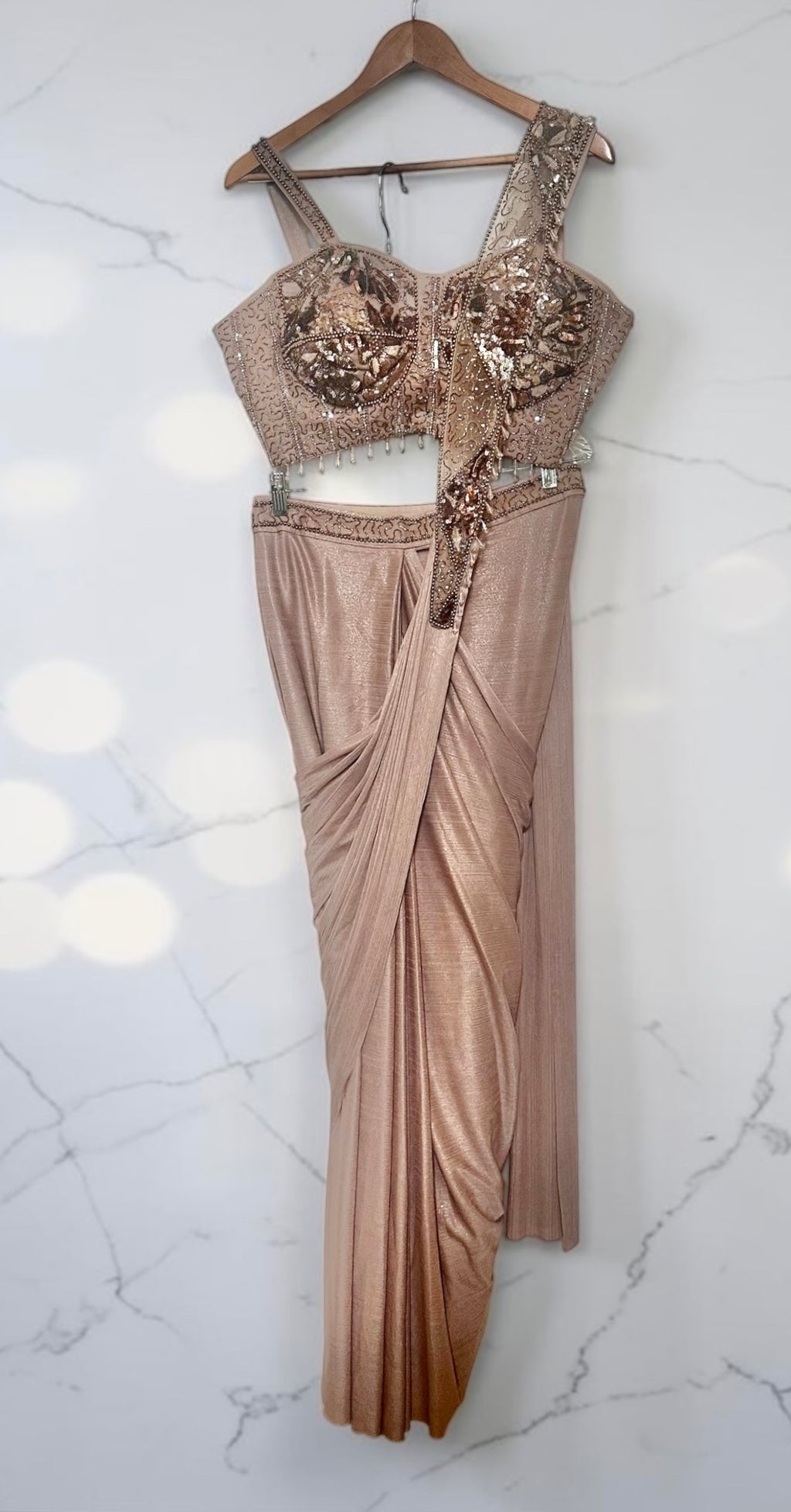 Taupe colored lycra stitched saree