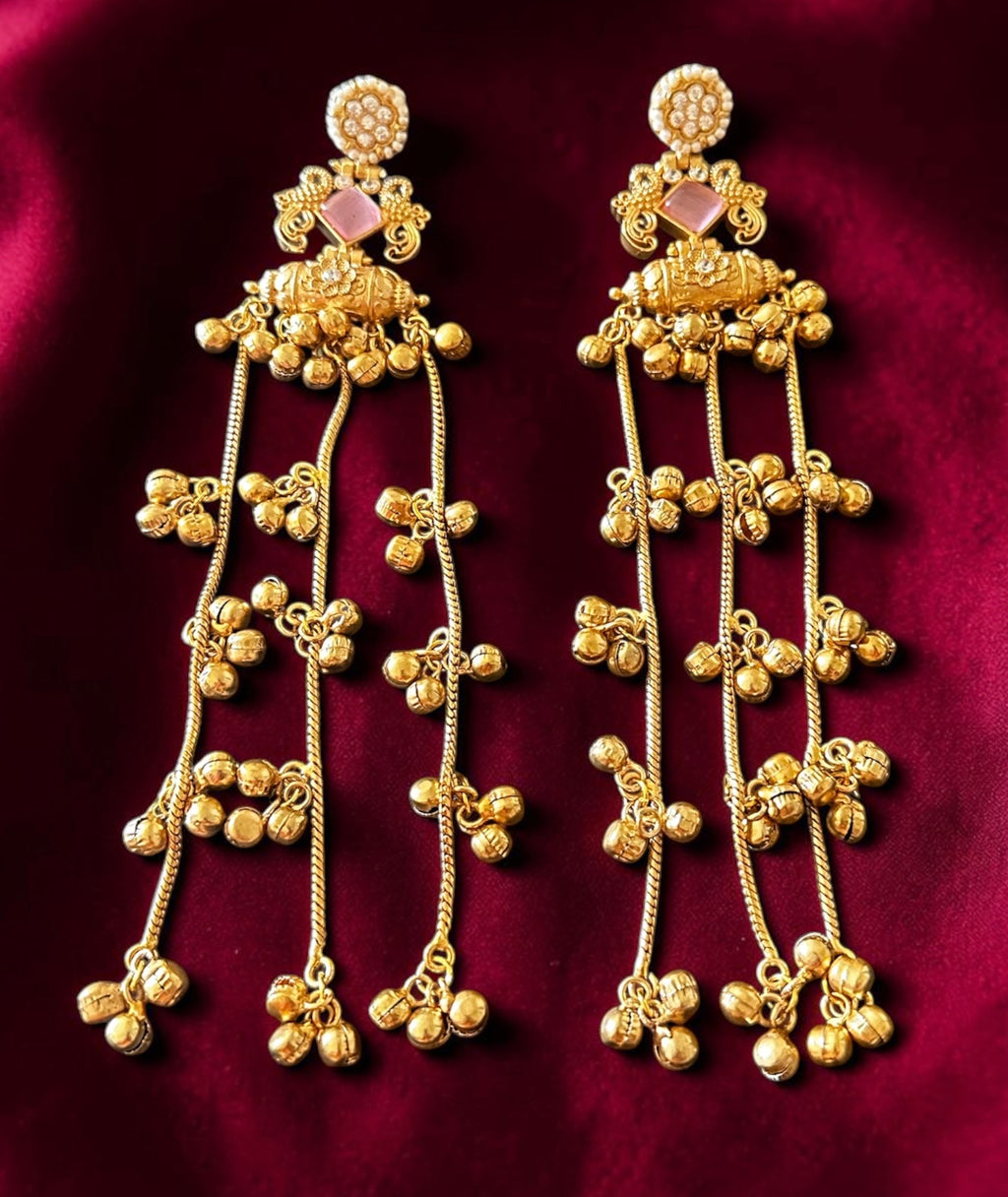 Pink stone ghungroo earrings