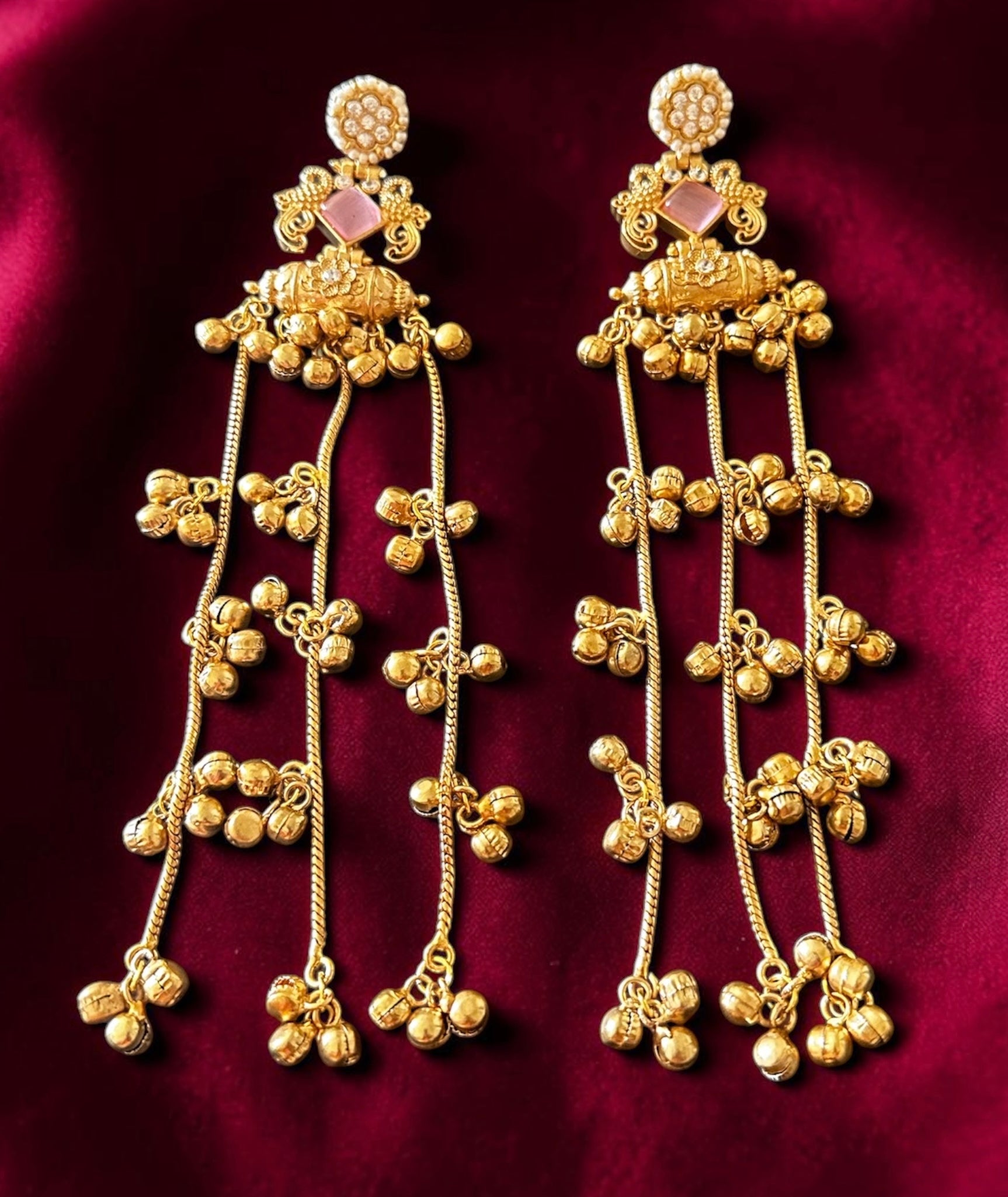 Pink stone ghungroo earrings