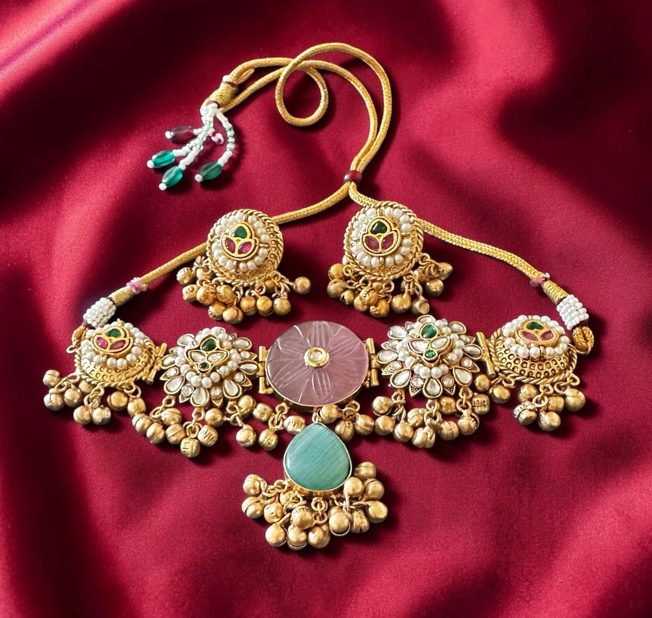 Pink n mint green ghungroo choker set