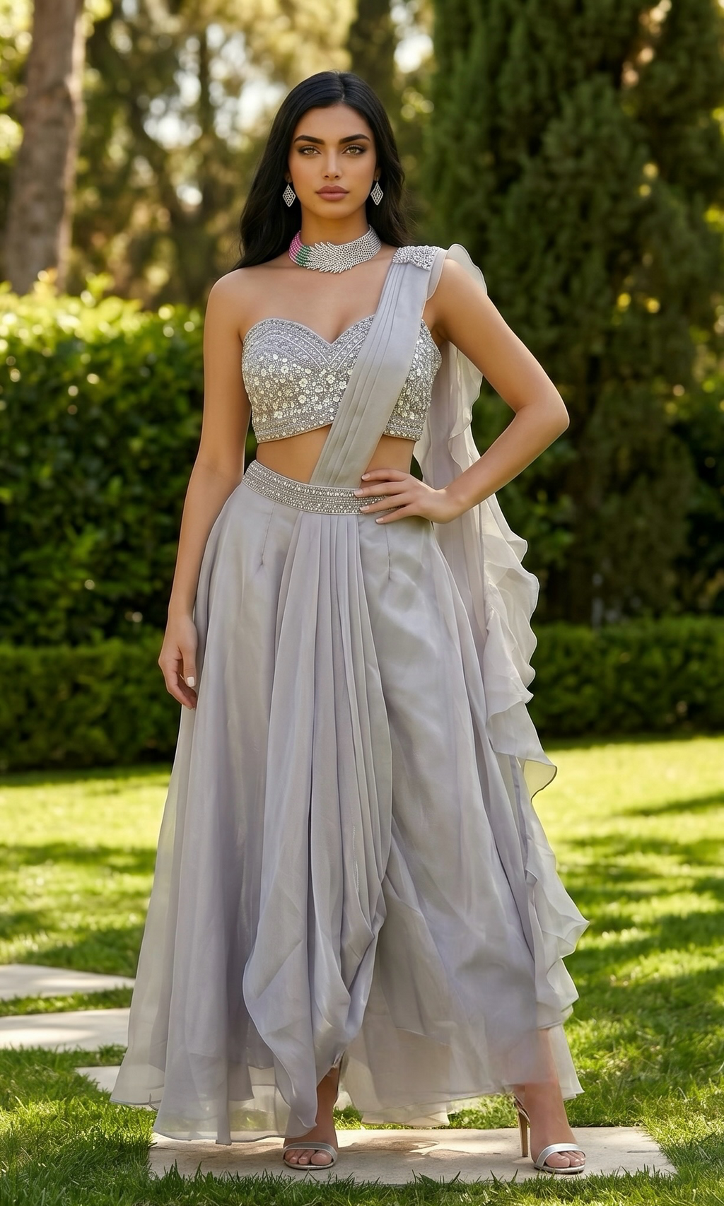 Silver grey fusion lehenga saree