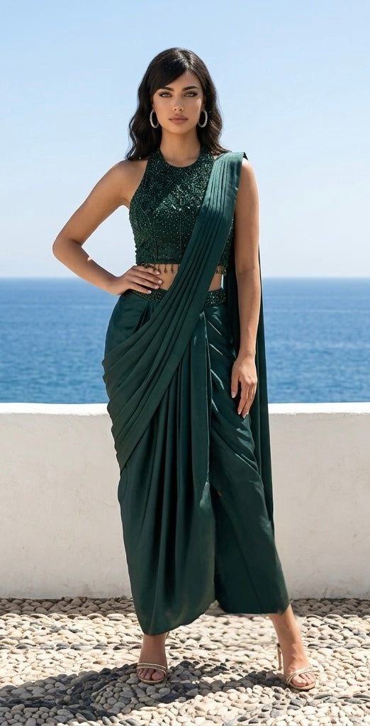 Bottle green saree drape