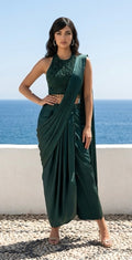 Bottle green saree drape