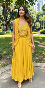Yellow fusion lehenga set