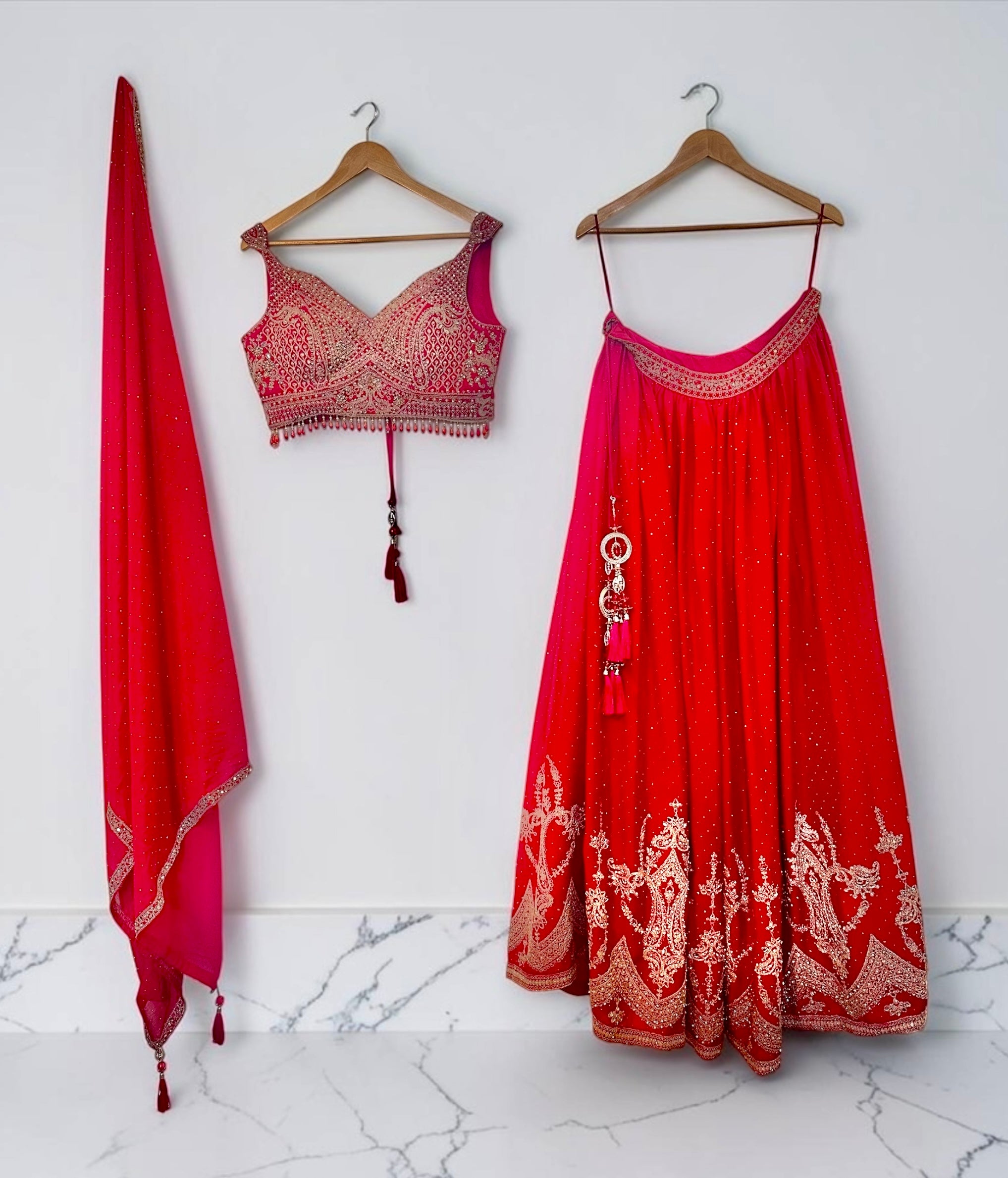 Red chinon lehenga