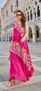 Hot pink one-shoulder outfit