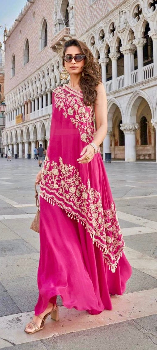 Hot pink one-shoulder outfit